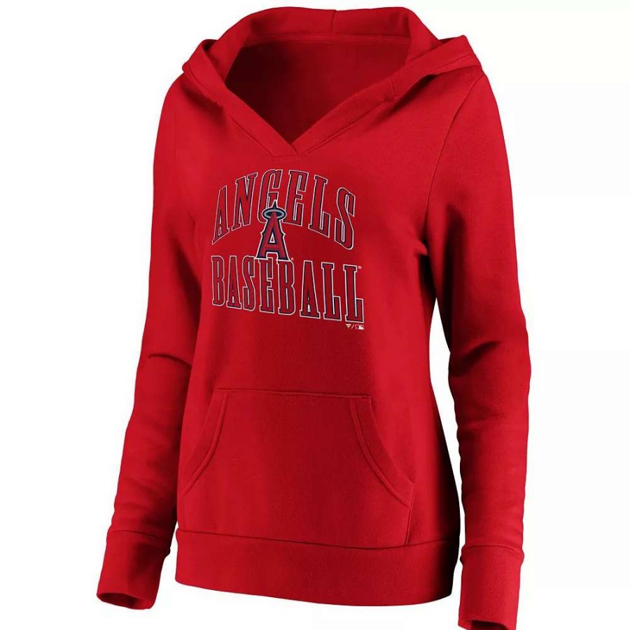 Tops * | Women'S Fanatics Branded Red Los Angeles Angels Victory Script Crossover Neck Pullover Hoodie