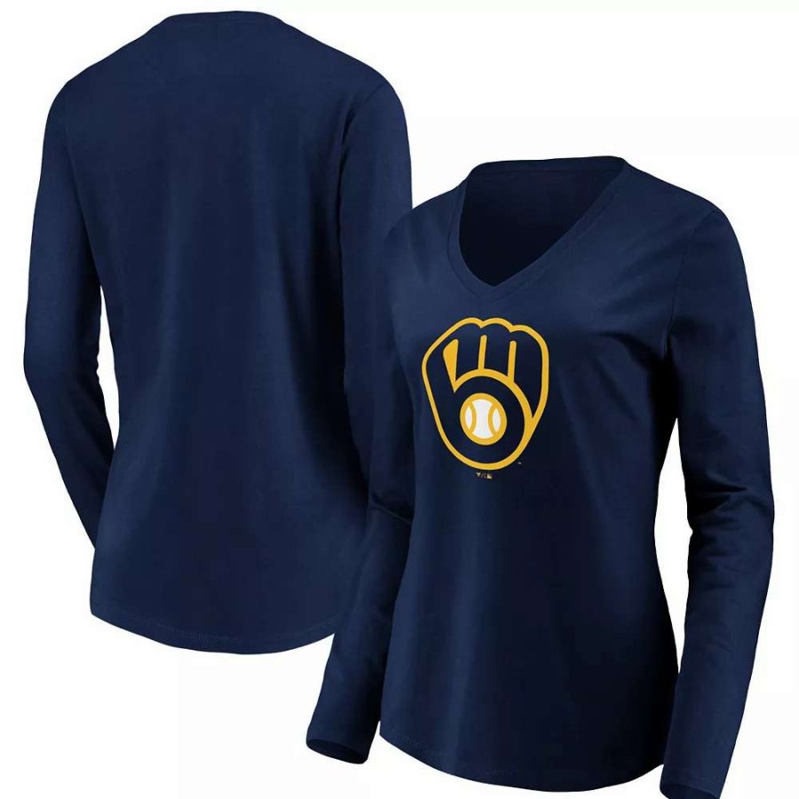 Tops * | Women'S Fanatics Branded Navy Milwaukee Brewers Official Logo Long Sleeve V-Neck T-Shirt