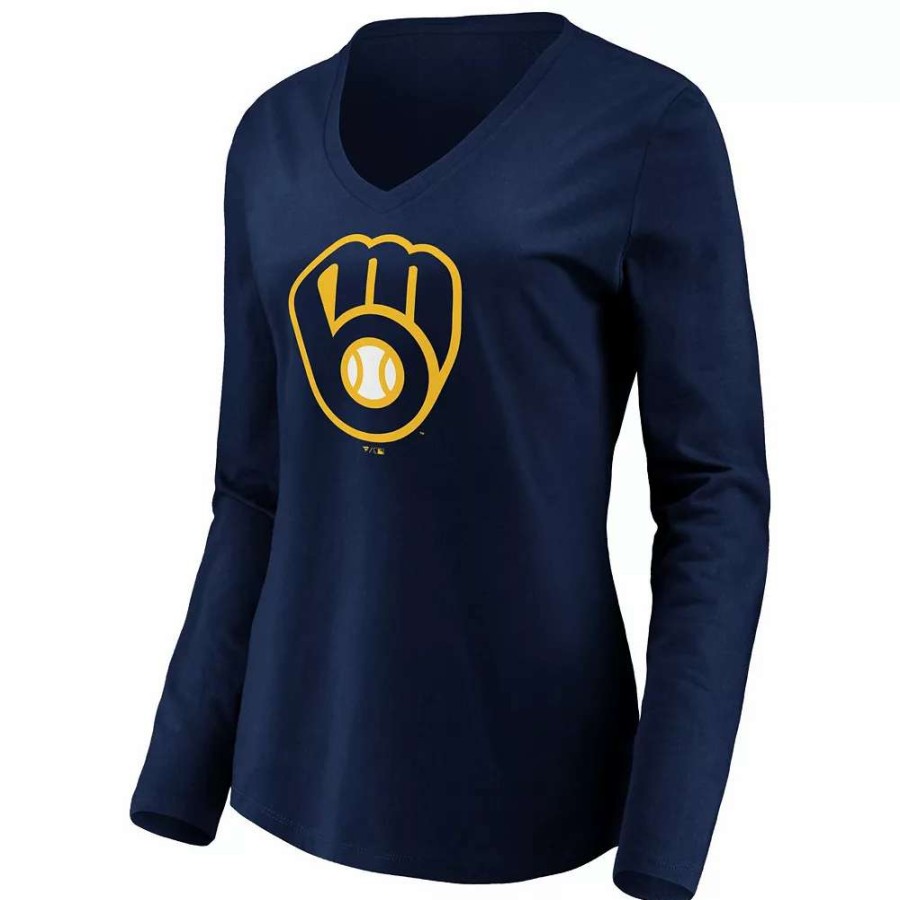 Tops * | Women'S Fanatics Branded Navy Milwaukee Brewers Official Logo Long Sleeve V-Neck T-Shirt