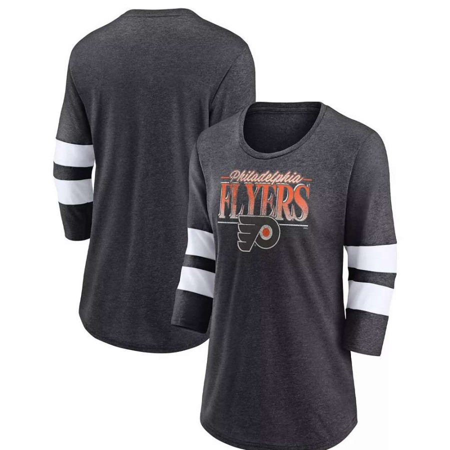 Tops * | Women'S Fanatics Branded Heathered Charcoal/White Philadelphia Flyers Full Shield 3/4-Sleeve Tri-Blend Raglan Scoop Neck T-Shirt