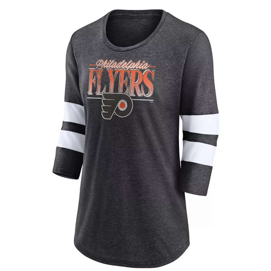 Tops * | Women'S Fanatics Branded Heathered Charcoal/White Philadelphia Flyers Full Shield 3/4-Sleeve Tri-Blend Raglan Scoop Neck T-Shirt