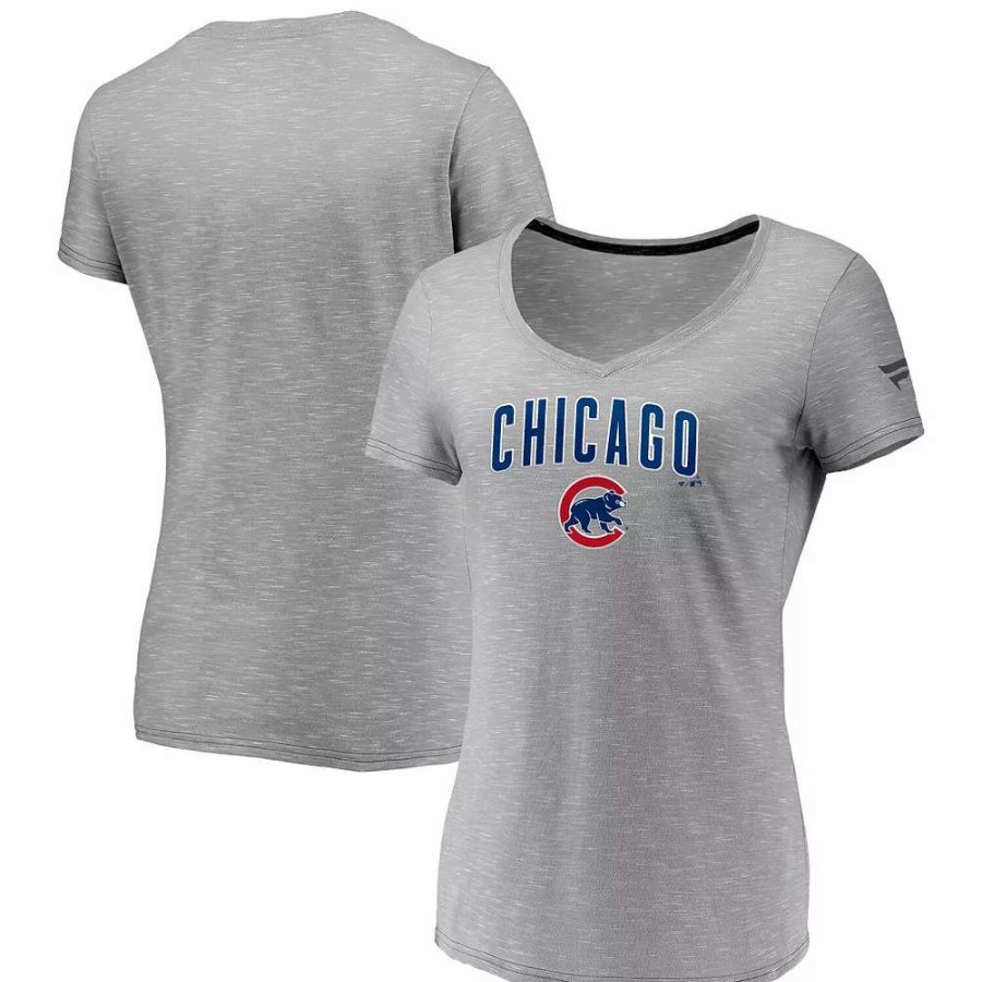 Tops * | Women'S Fanatics Branded Gray Chicago Cubs Wordmark & Logo Space-Dye V-Neck T-Shirt