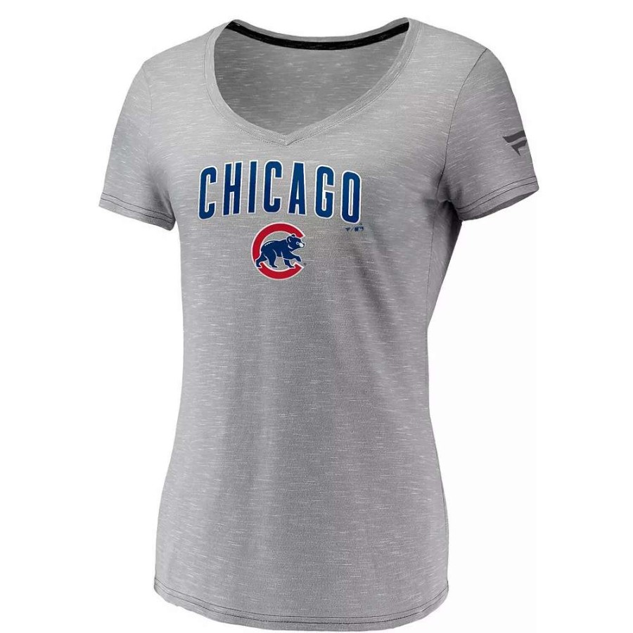 Tops * | Women'S Fanatics Branded Gray Chicago Cubs Wordmark & Logo Space-Dye V-Neck T-Shirt