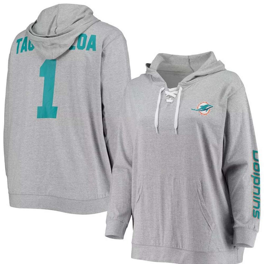 Tops * | Women'S Fanatics Branded Tua Tagovailoa Heathered Gray Miami Dolphins Plus Size Player Name & Number Laced V-Neck Pullover Hoodie