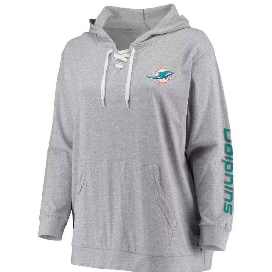 Tops * | Women'S Fanatics Branded Tua Tagovailoa Heathered Gray Miami Dolphins Plus Size Player Name & Number Laced V-Neck Pullover Hoodie