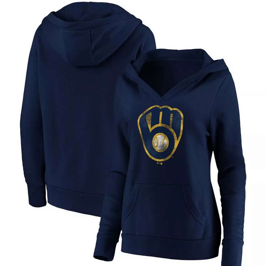 Tops * | Women'S Fanatics Branded Navy Milwaukee Brewers Core Team Crossover V-Neck Pullover Hoodie