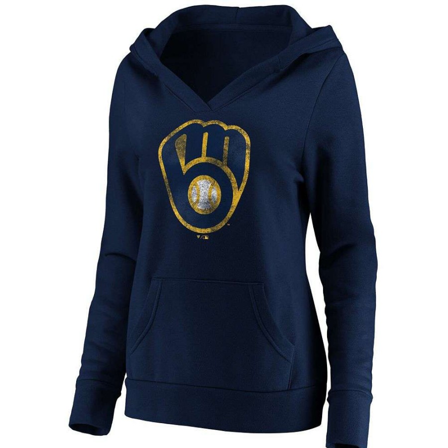 Tops * | Women'S Fanatics Branded Navy Milwaukee Brewers Core Team Crossover V-Neck Pullover Hoodie