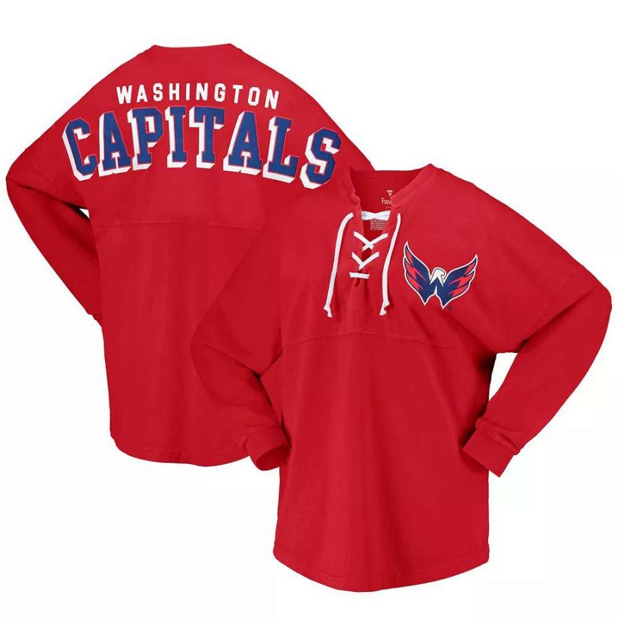 Tops * | Women'S Fanatics Branded Red Washington Capitals Spirit Lace-Up V-Neck Long Sleeve Jersey T-Shirt