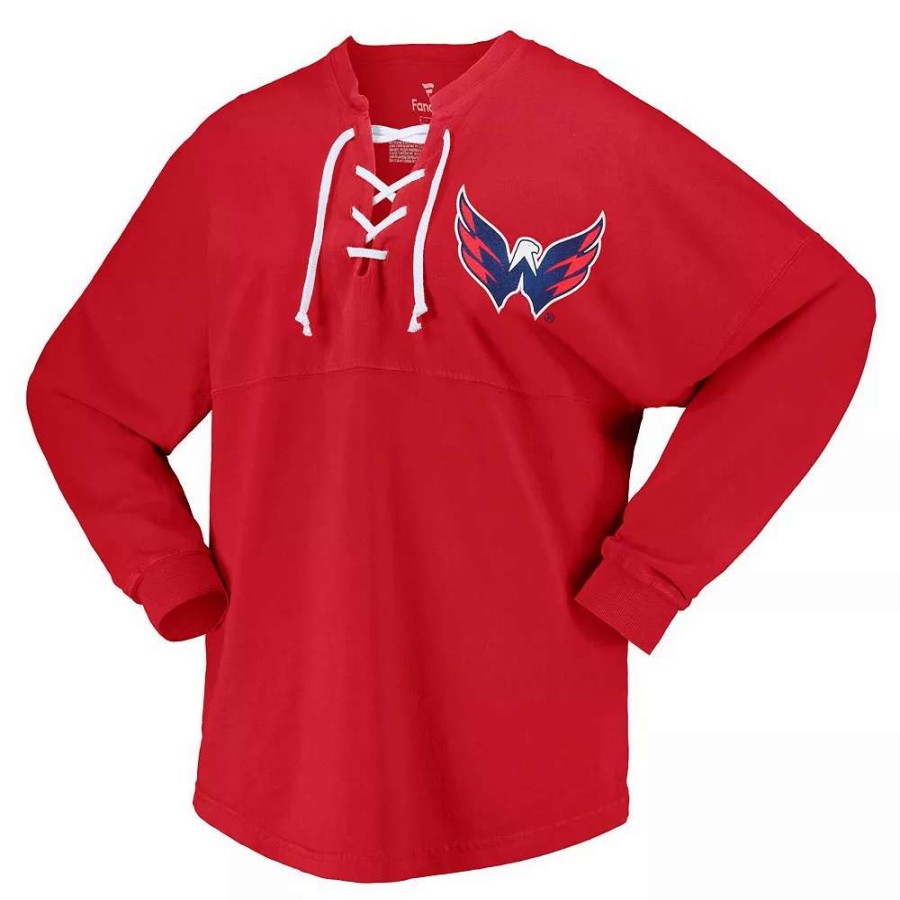 Tops * | Women'S Fanatics Branded Red Washington Capitals Spirit Lace-Up V-Neck Long Sleeve Jersey T-Shirt