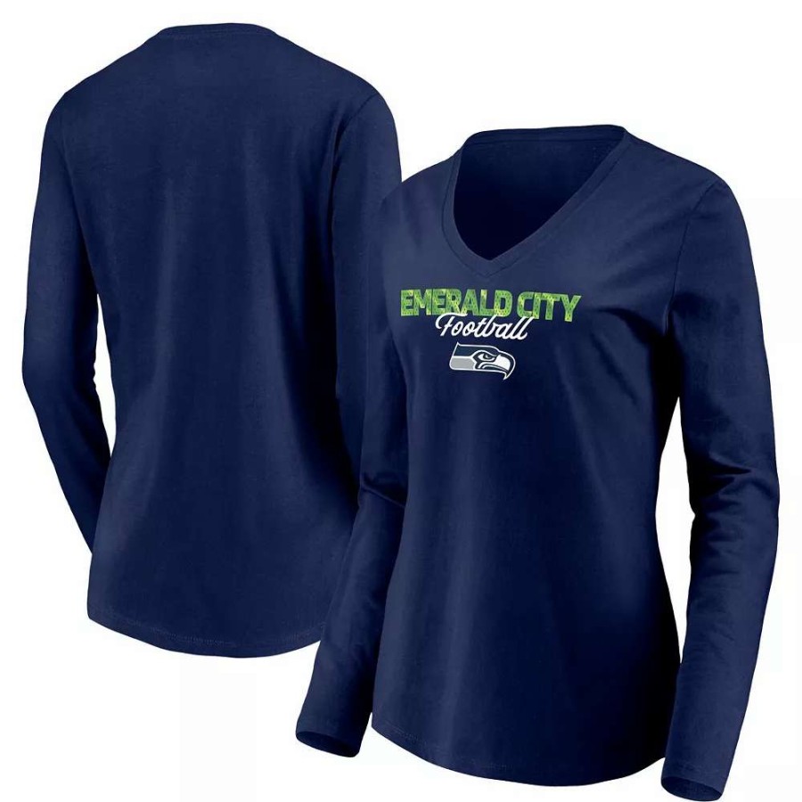 Tops * | Women'S Fanatics Branded College Navy Seattle Seahawks Highly Valued Long Sleeve V-Neck T-Shirt