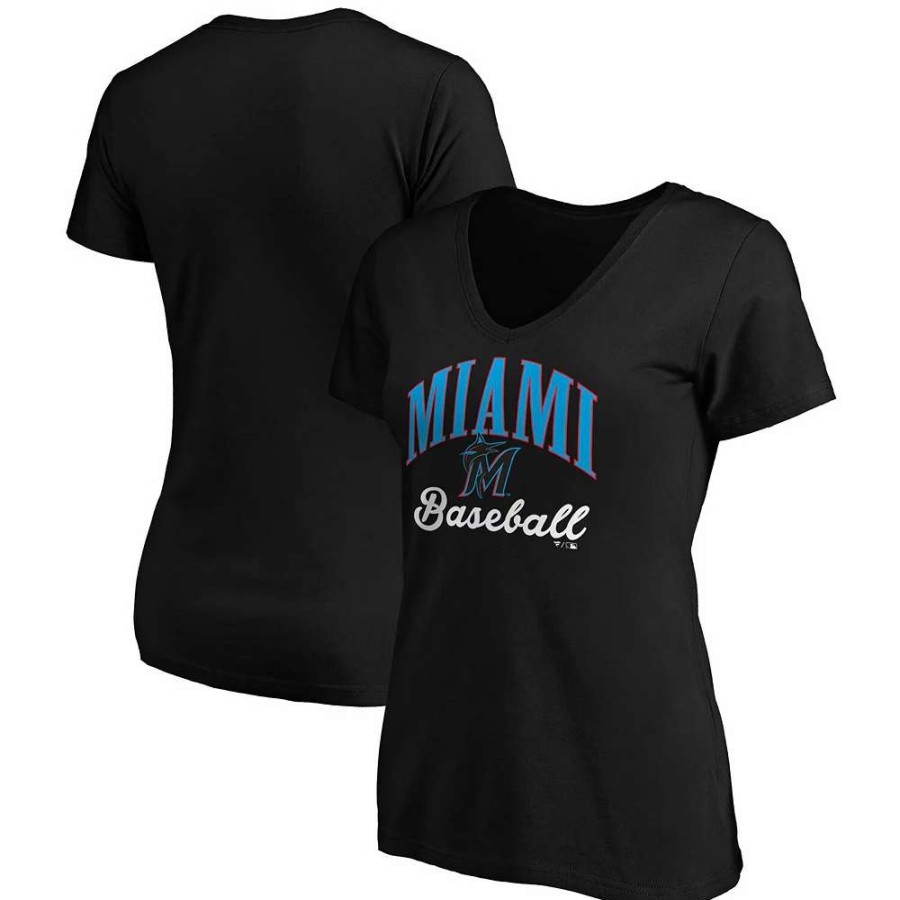 Tops * | Women'S Fanatics Branded Black Miami Marlins Victory Script V-Neck T-Shirt