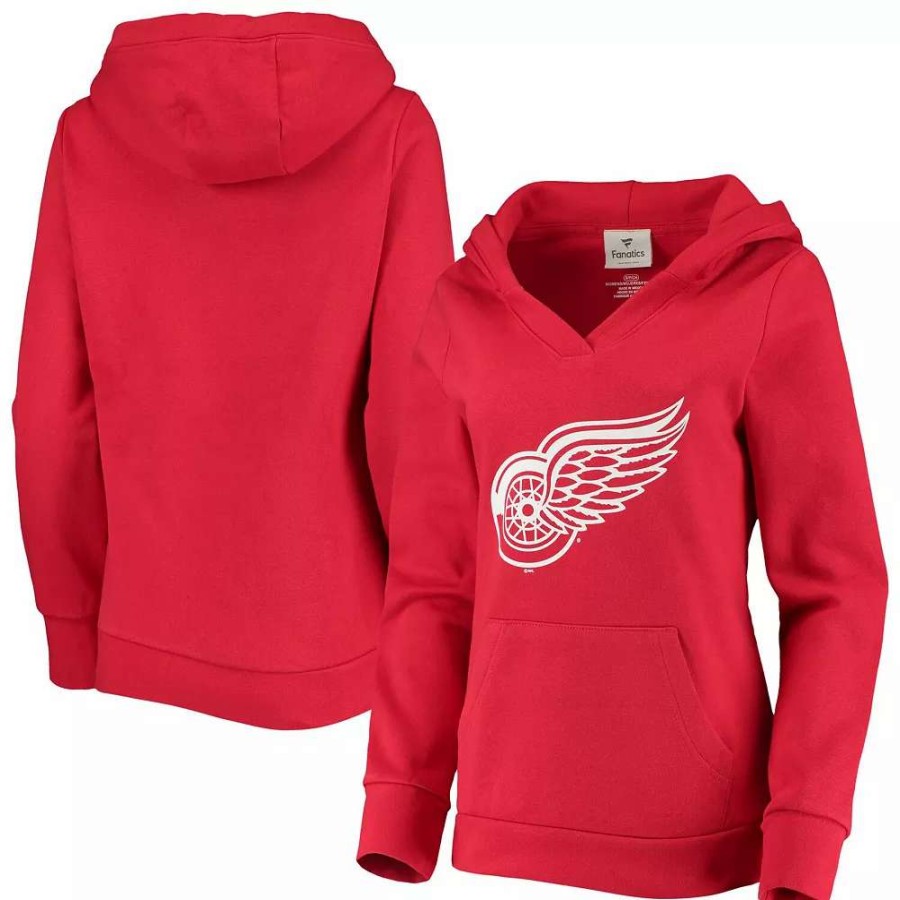 Tops * | Women'S Fanatics Branded Red Detroit Red Wings Primary Team Logo Fleece V-Neck Pullover Hoodie