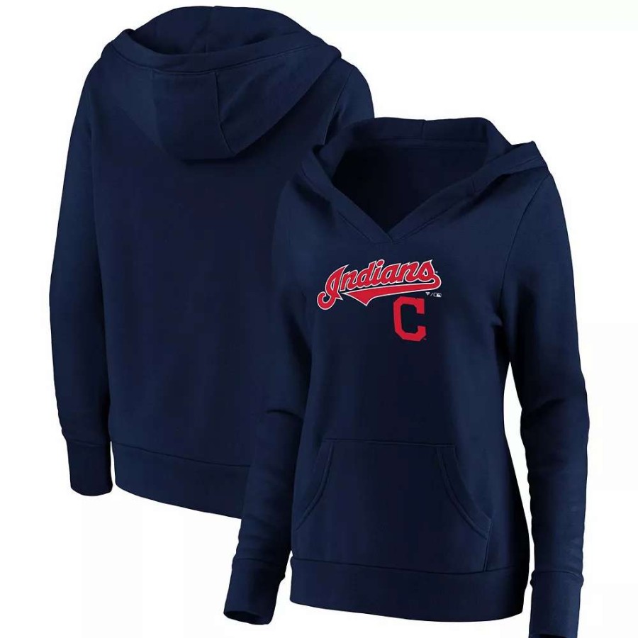 Tops * | Women'S Fanatics Branded Navy Cleveland Indians Core Team Lockup V-Neck Pullover Hoodie