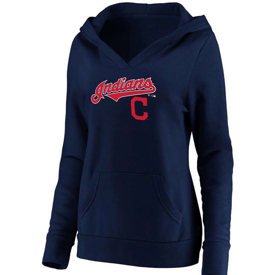 Tops * | Women'S Fanatics Branded Navy Cleveland Indians Core Team Lockup V-Neck Pullover Hoodie