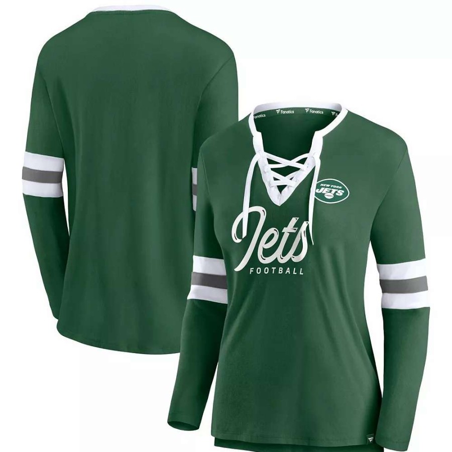 Tops * | Women'S Fanatics Branded Green New York Jets Block Party Team Script Lace-Up Long Sleeve T-Shirt