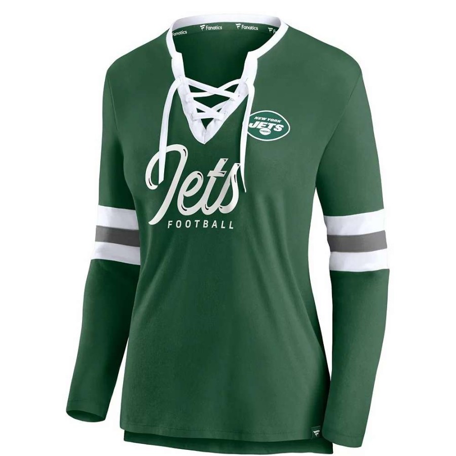 Tops * | Women'S Fanatics Branded Green New York Jets Block Party Team Script Lace-Up Long Sleeve T-Shirt