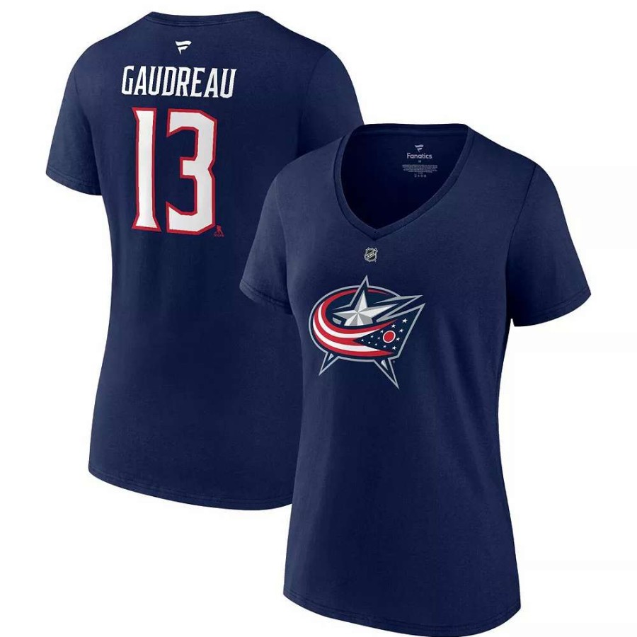 Tops * | Women'S Fanatics Branded Johnny Gaudreau Navy Columbus Blue Jackets Authentic Stack Name & Number V-Neck T-Shirt