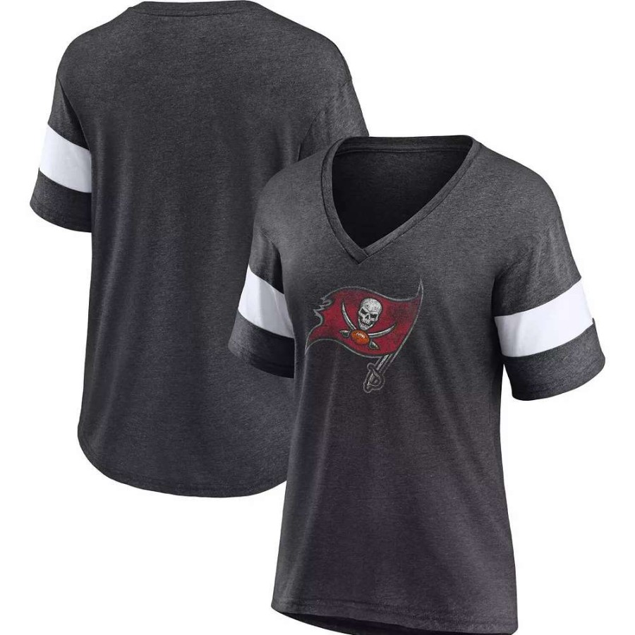 Tops * | Women'S Fanatics Branded Heathered Charcoal/White Tampa Bay Buccaneers Distressed Team Tri-Blend V-Neck T-Shirt