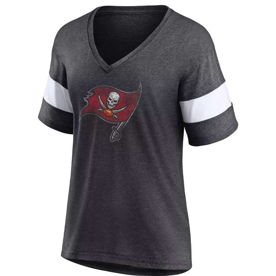 Tops * | Women'S Fanatics Branded Heathered Charcoal/White Tampa Bay Buccaneers Distressed Team Tri-Blend V-Neck T-Shirt