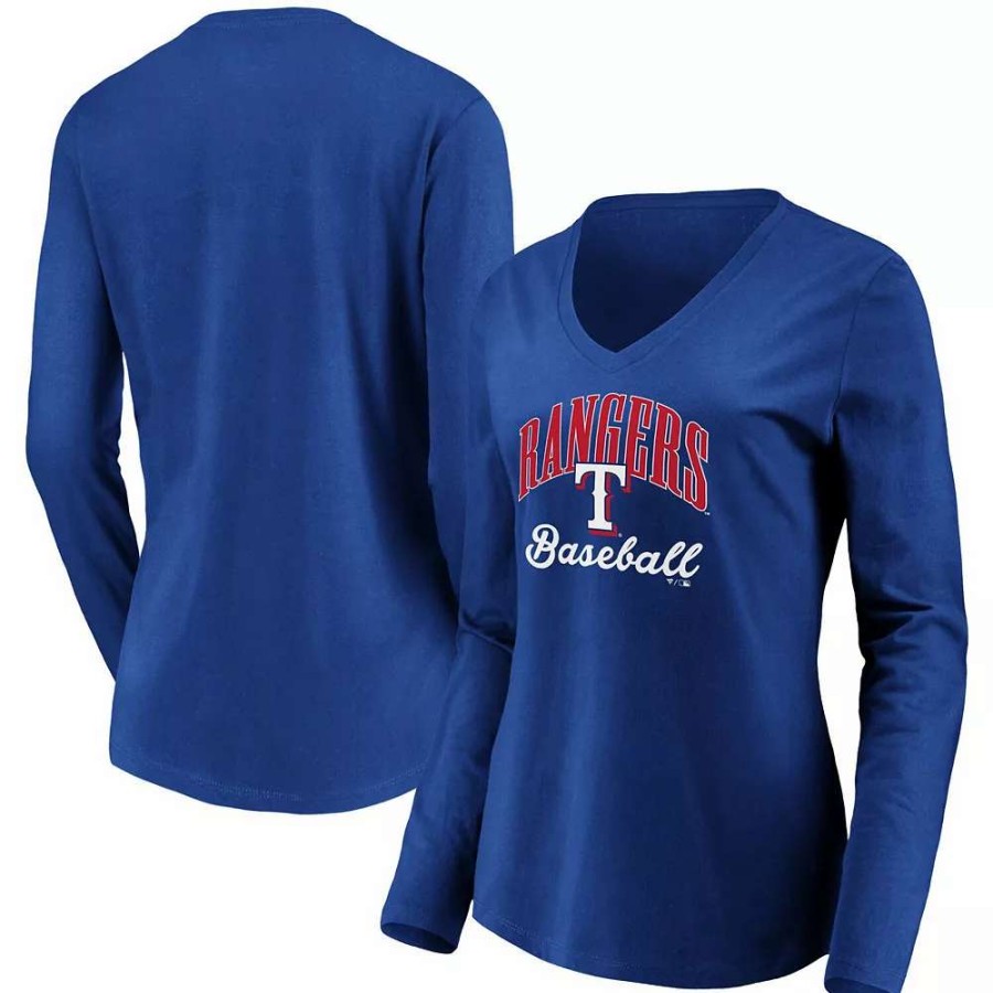 Tops * | Women'S Fanatics Branded Royal Texas Rangers Victory Script V-Neck Long Sleeve T-Shirt