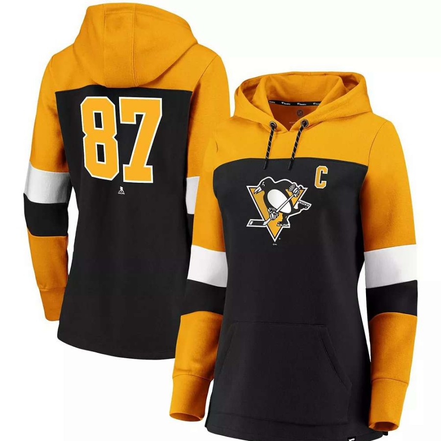 Tops * | Women'S Fanatics Branded Sidney Crosby Black/Gold Pittsburgh Penguins Heavy Block Pullover Hoodie