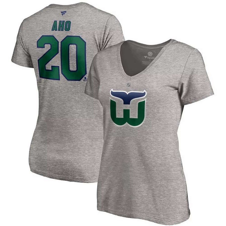 Tops * | Women'S Fanatics Branded Sebastian Aho Heather Charcoal Carolina Hurricanes 2020/21 Special Edition Authentic Stack Name & Number V-Neck T-Shirt