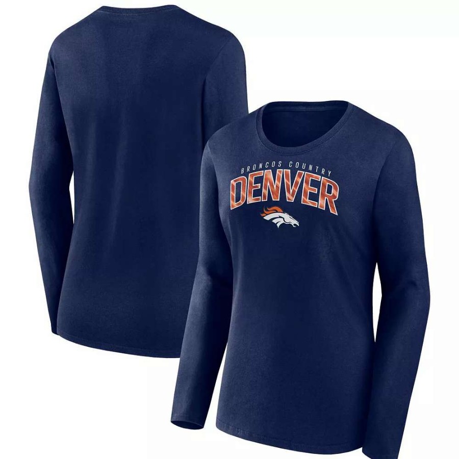 Tops * | Women'S Fanatics Branded Navy Denver Broncos Plus Size Measure Distance Scoop Neck Long Sleeve T-Shirt