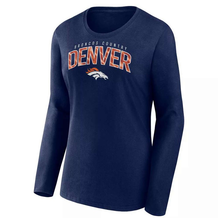 Tops * | Women'S Fanatics Branded Navy Denver Broncos Plus Size Measure Distance Scoop Neck Long Sleeve T-Shirt