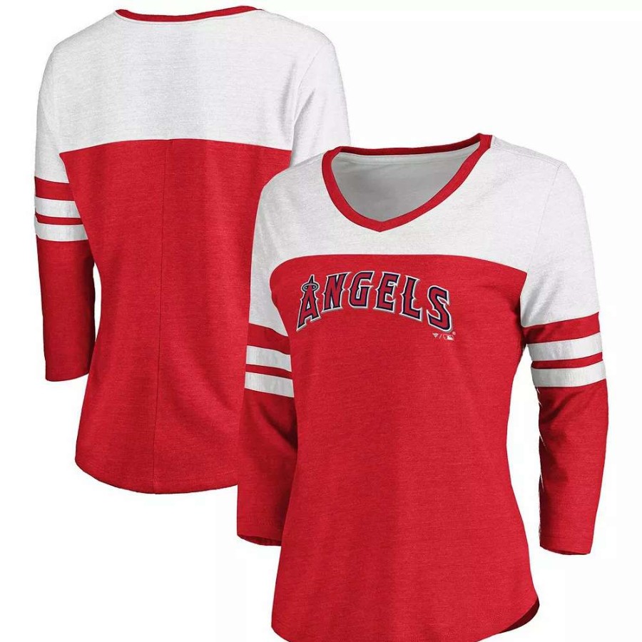 Tops * | Women'S Fanatics Branded Heathered Red/White Los Angeles Angels Official Wordmark 3/4 Sleeve V-Neck Tri-Blend T-Shirt