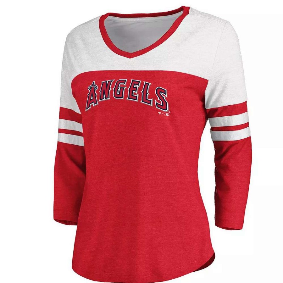 Tops * | Women'S Fanatics Branded Heathered Red/White Los Angeles Angels Official Wordmark 3/4 Sleeve V-Neck Tri-Blend T-Shirt