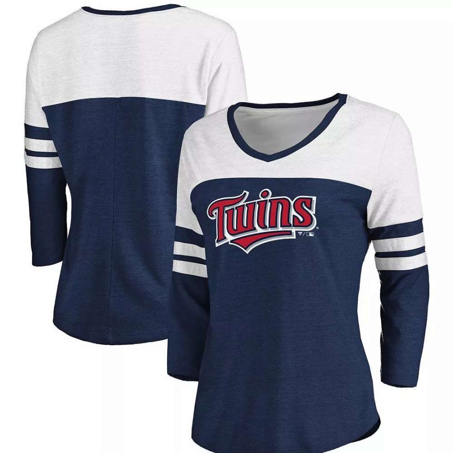 Tops * | Women'S Fanatics Branded Heathered Navy/White Minnesota Twins Official Wordmark 3/4 Sleeve V-Neck Tri-Blend T-Shirt