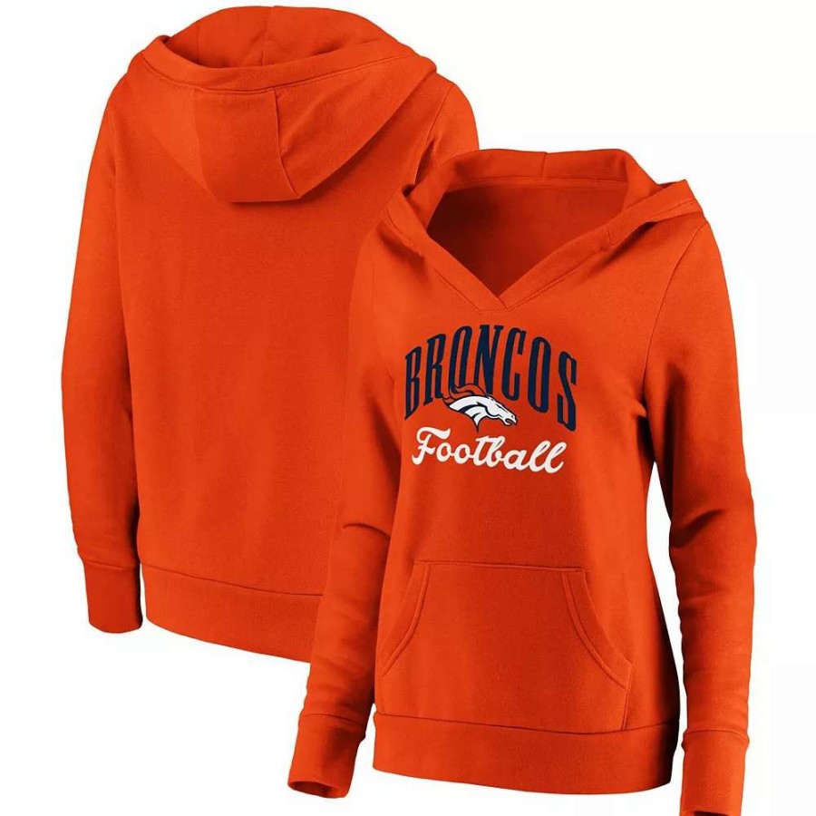 Tops * | Women'S Fanatics Branded Orange Denver Broncos Team Victory Script Crossover V-Neck Pullover Hoodie