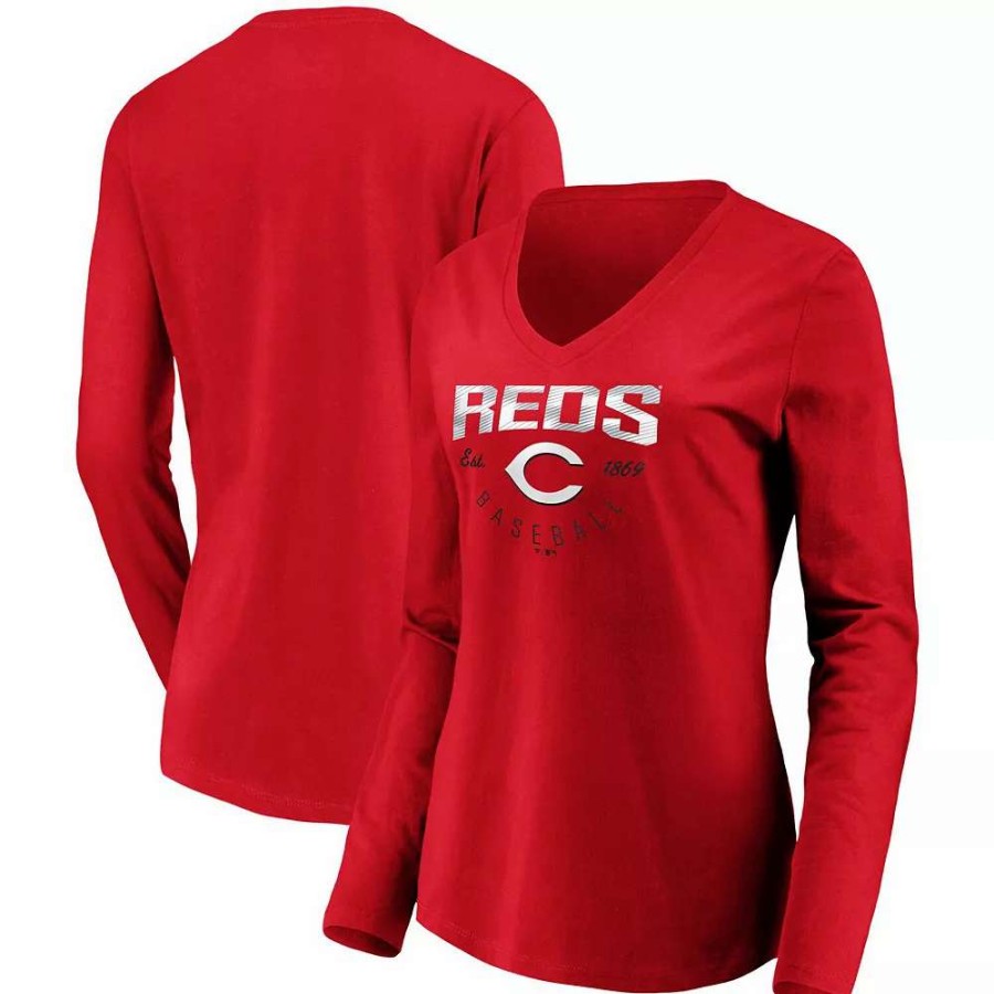 Tops * | Women'S Fanatics Branded Red Cincinnati Reds Core Live For It V-Neck Long Sleeve T-Shirt