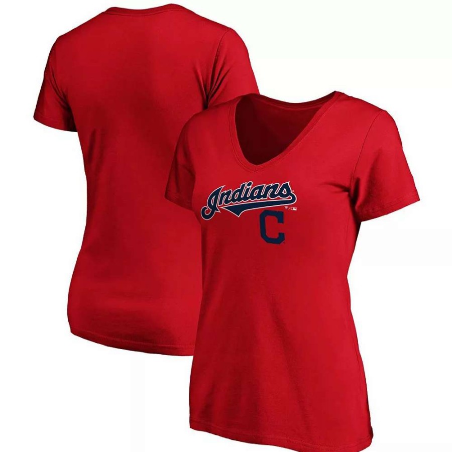 Tops * | Women'S Fanatics Branded Red Cleveland Indians Team Logo Lockup V-Neck T-Shirt