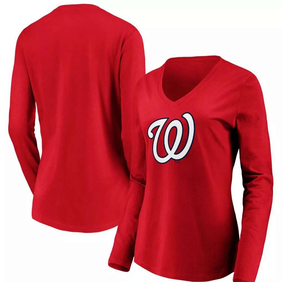 Tops * | Women'S Fanatics Branded Red Washington Nationals Official Logo Long Sleeve V-Neck T-Shirt