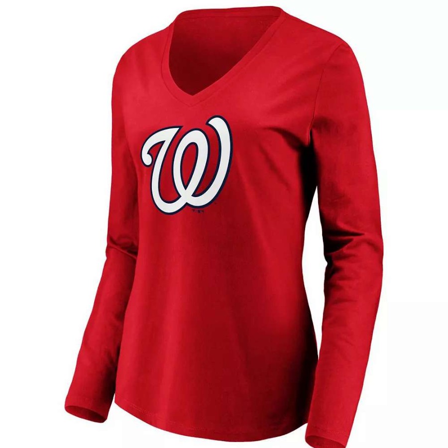 Tops * | Women'S Fanatics Branded Red Washington Nationals Official Logo Long Sleeve V-Neck T-Shirt