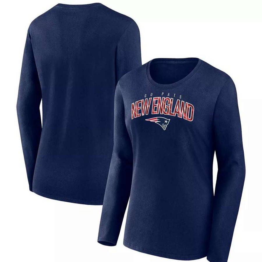 Tops * | Women'S Fanatics Branded Navy New England Patriots Plus Size Measure Distance Scoop Neck Long Sleeve T-Shirt