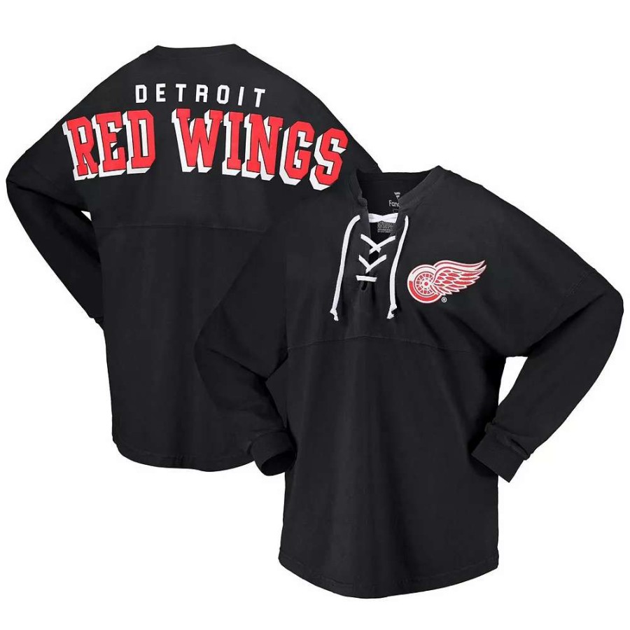 Tops * | Women'S Fanatics Branded Black Detroit Red Wings Spirit Lace-Up V-Neck Long Sleeve Jersey T-Shirt