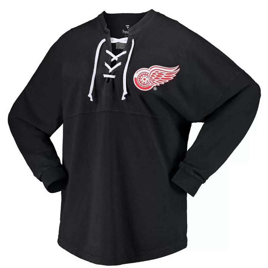 Tops * | Women'S Fanatics Branded Black Detroit Red Wings Spirit Lace-Up V-Neck Long Sleeve Jersey T-Shirt