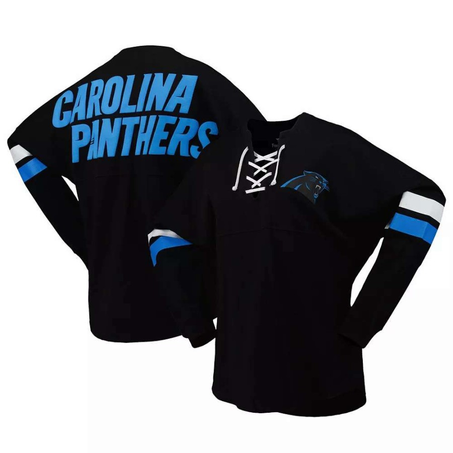 Tops * | Women'S Fanatics Branded Black Carolina Panthers Spirit Jersey Lace-Up V-Neck Long Sleeve T-Shirt