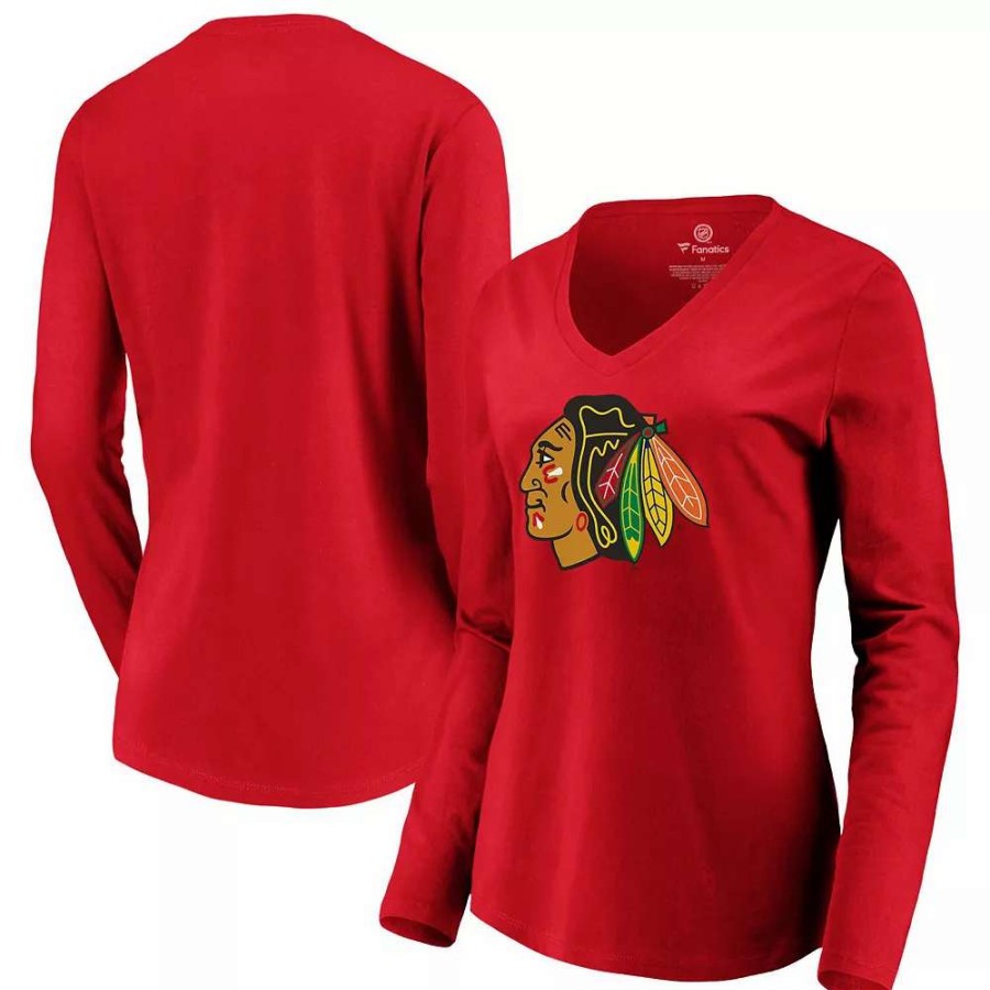 Tops * | Women'S Fanatics Branded Red Chicago Blackhawks Primary Logo Long Sleeve V-Neck T-Shirt