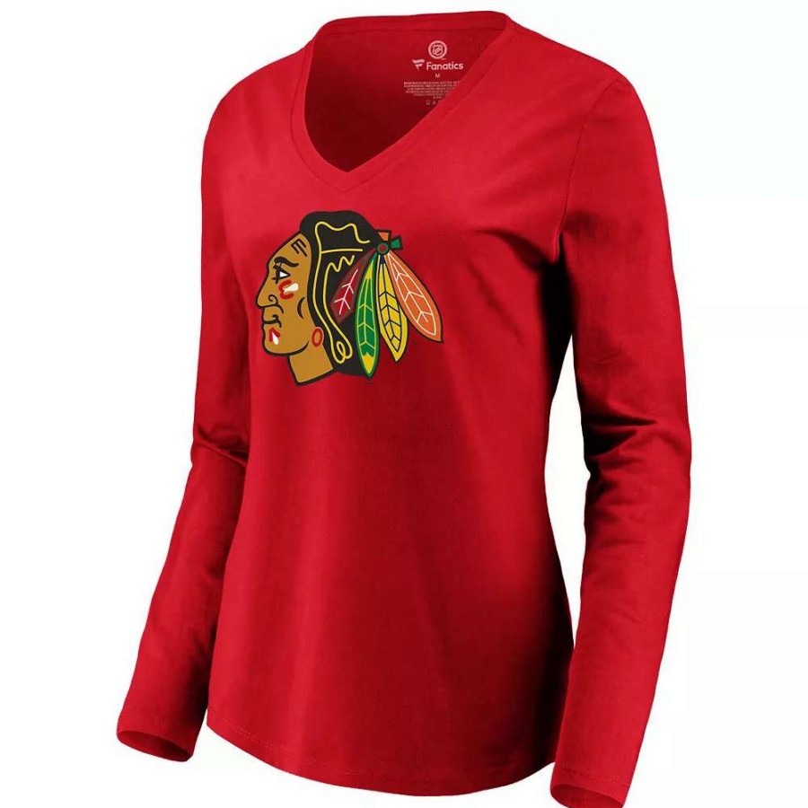 Tops * | Women'S Fanatics Branded Red Chicago Blackhawks Primary Logo Long Sleeve V-Neck T-Shirt