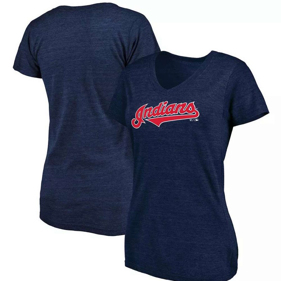 Tops * | Women'S Fanatics Branded Heathered Navy Cleveland Indians Wordmark Tri-Blend V-Neck T-Shirt