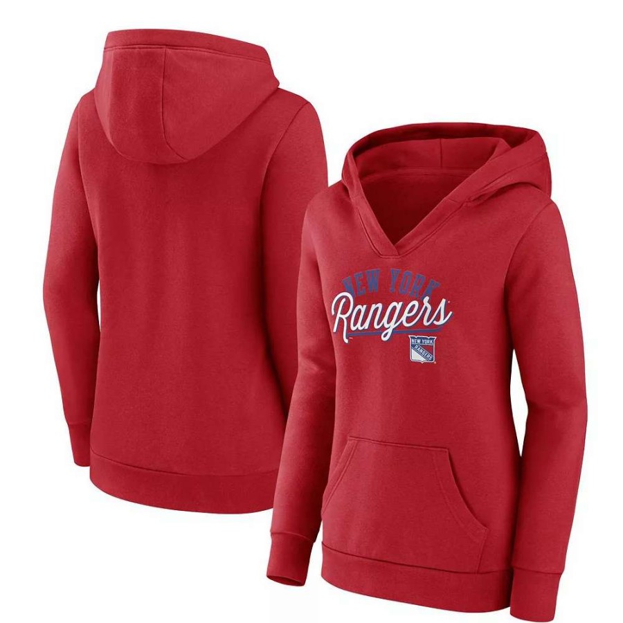 Tops * | Women'S Fanatics Branded Red New York Rangers Simplicity Crossover V-Neck Pullover Hoodie