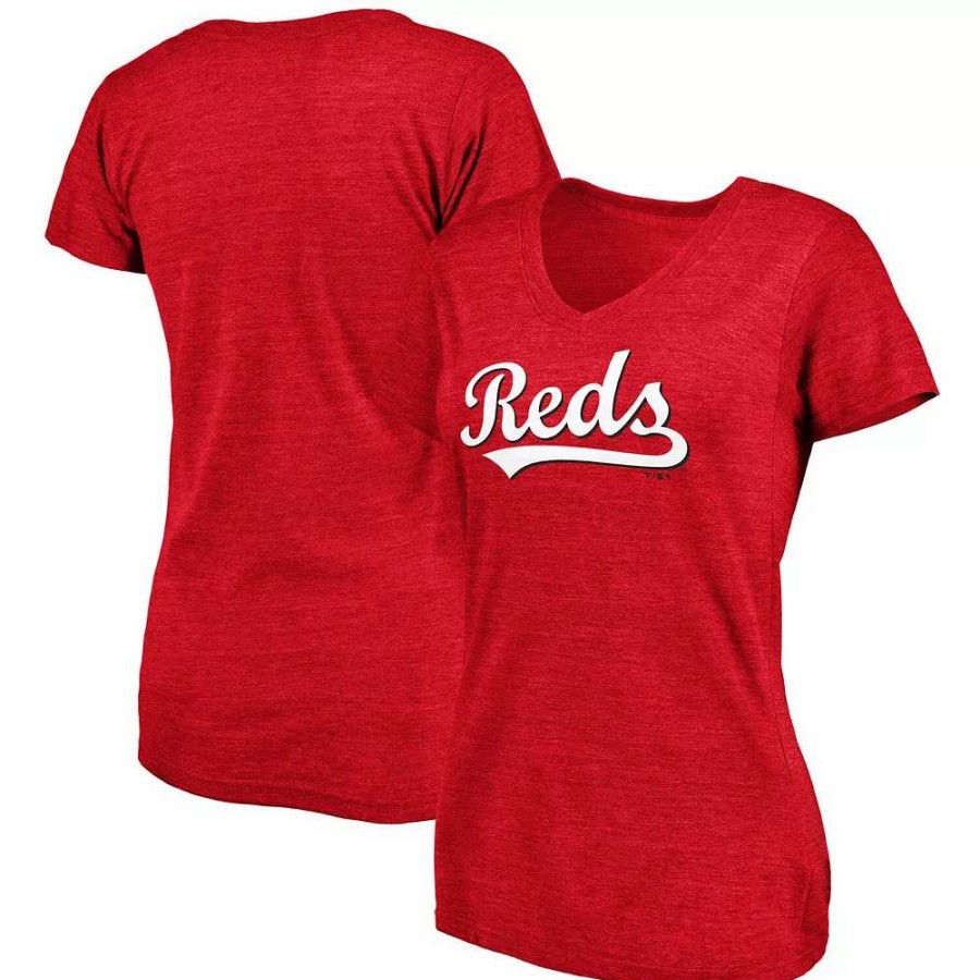 Tops * | Women'S Fanatics Branded Heathered Red Cincinnati Reds Wordmark Tri-Blend V-Neck T-Shirt