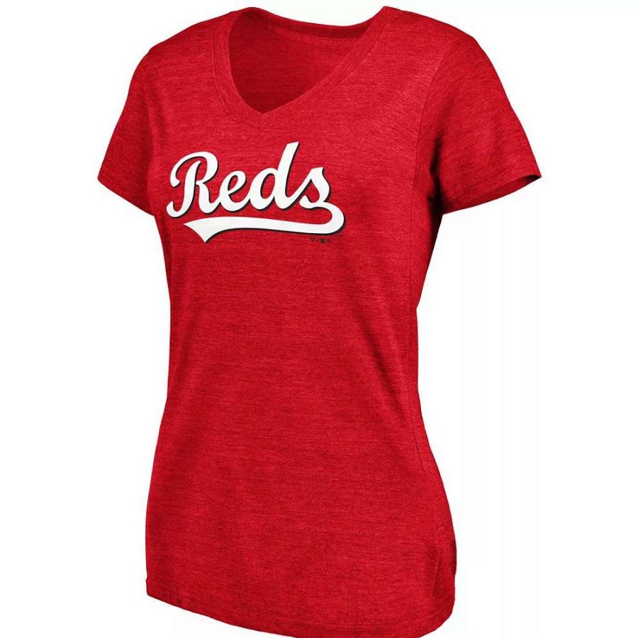 Tops * | Women'S Fanatics Branded Heathered Red Cincinnati Reds Wordmark Tri-Blend V-Neck T-Shirt