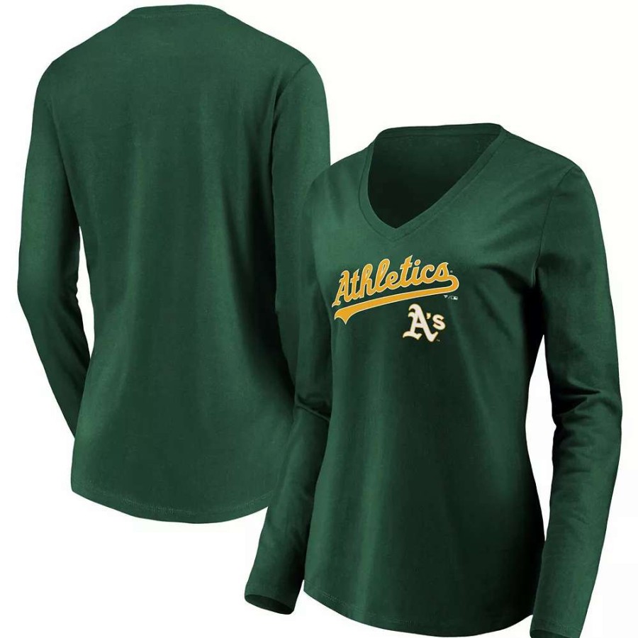 Tops * | Women'S Fanatics Branded Green Oakland Athletics Core Team Lockup Long Sleeve V-Neck T-Shirt