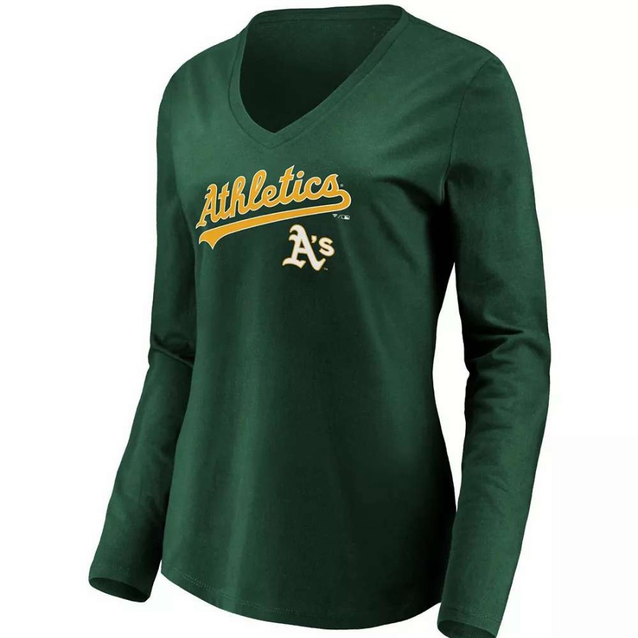 Tops * | Women'S Fanatics Branded Green Oakland Athletics Core Team Lockup Long Sleeve V-Neck T-Shirt