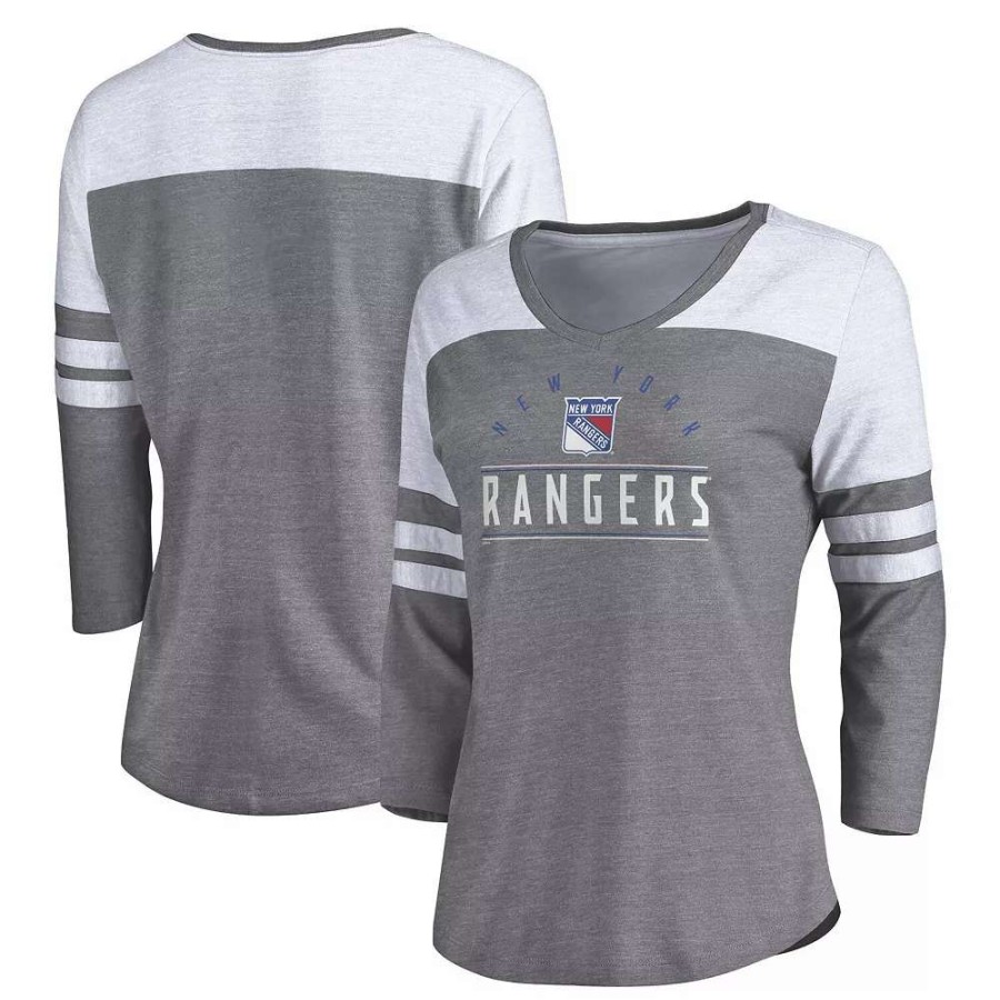 Tops * | Women'S Fanatics Branded Heather Gray/White New York Rangers League Leader V-Neck Tri-Blend 3/4-Sleeve T-Shirt