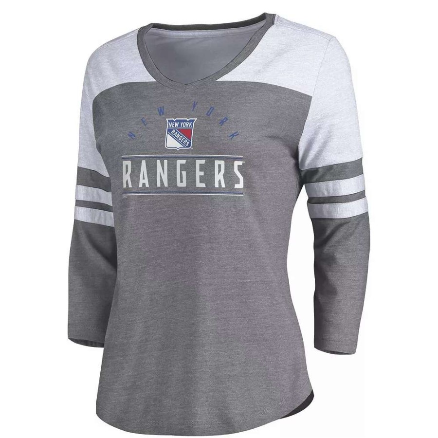 Tops * | Women'S Fanatics Branded Heather Gray/White New York Rangers League Leader V-Neck Tri-Blend 3/4-Sleeve T-Shirt